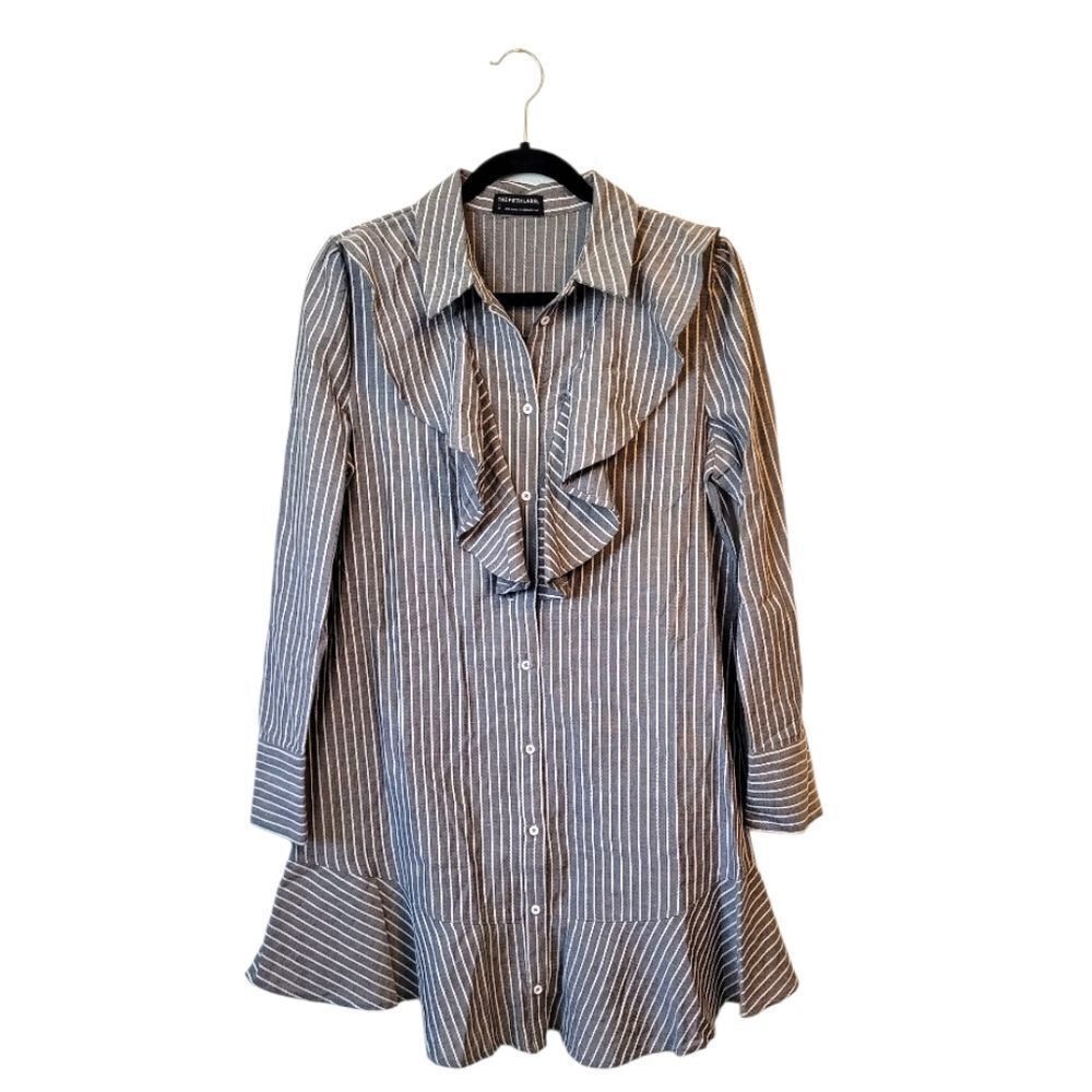 The Fifth Label Women's Parcel Grey Striped Long Sleeve Ruffled Shirt Dress SZ M